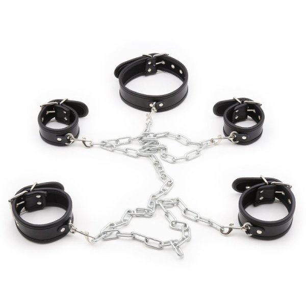 (image for) Restraint PU Leather Hands Cuffs Neck Collar Set