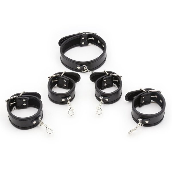 (image for) Restraint PU Leather Hands Cuffs Neck Collar Set