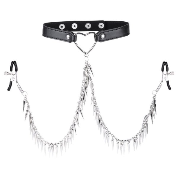 (image for) Leather Collar with Nipplle Clamp Spikes Chains