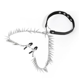 Leather Collar with Nipplle Clamp Spikes Chains