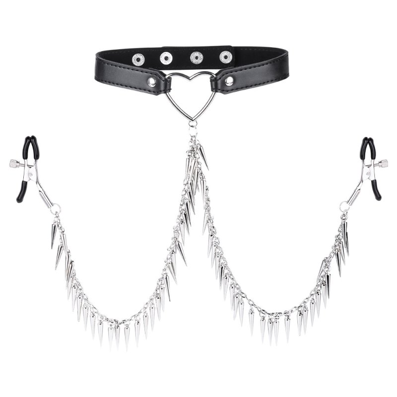 (image for) Leather Collar with Nipplle Clamp Spikes Chains