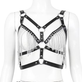 Leather Harnesd Bra with Chain Tassels
