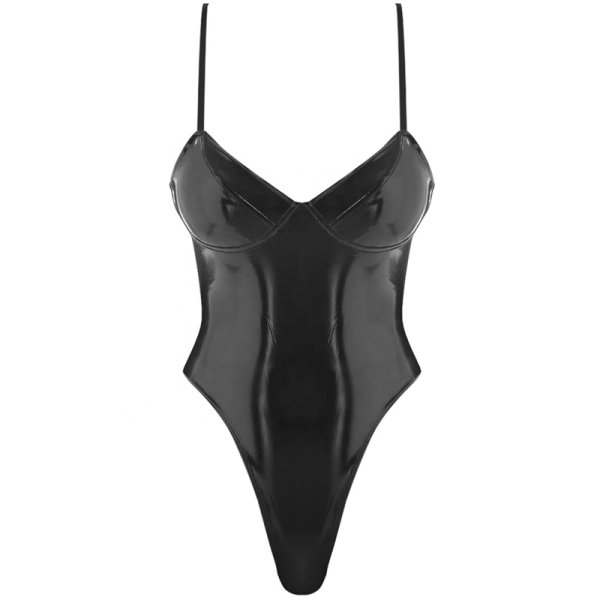 (image for) Hot Low-cut Faux Leather Strappy One-piece Suit