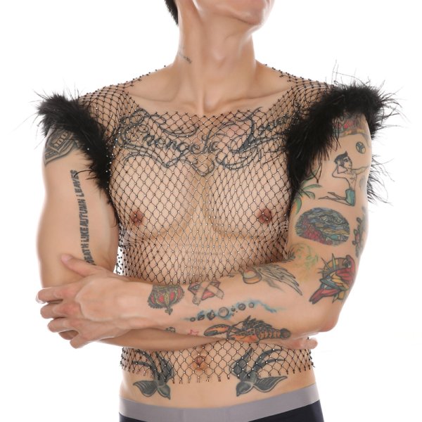 (image for) Hot Men Feather Rhinestone Fishnet Vest Nightwear