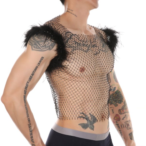 (image for) Hot Men Feather Rhinestone Fishnet Vest Nightwear