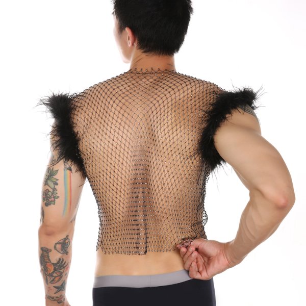 (image for) Hot Men Feather Rhinestone Fishnet Vest Nightwear