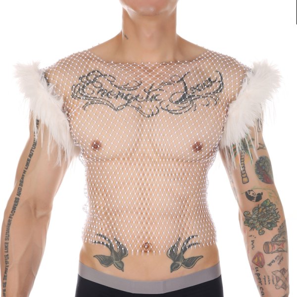 (image for) Hot Men Feather Rhinestone Fishnet Vest Nightwear