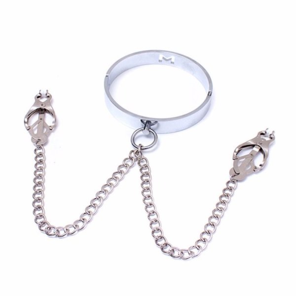 (image for) Chrome M Slave Collar With Japanese Clover Clamps