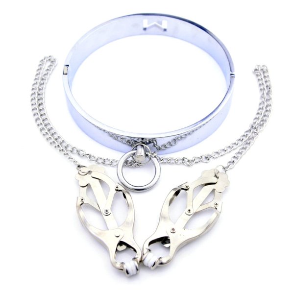(image for) Chrome M Slave Collar With Japanese Clover Clamps