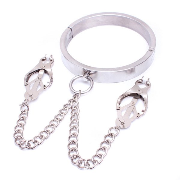 (image for) Chrome Slave Collar With Japanese Clover Clamps