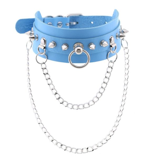(image for) PU Leather Silver Nail Collar With Chain