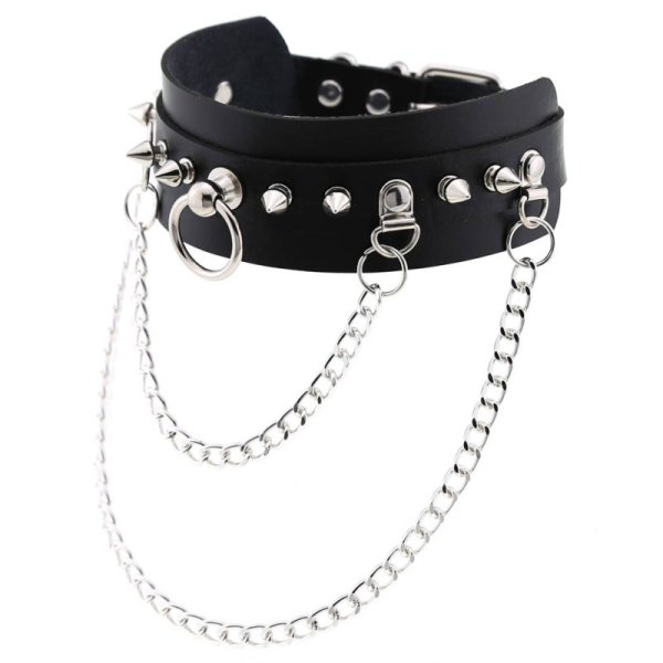 (image for) PU Leather Silver Nail Collar With Chain