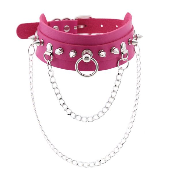 (image for) PU Leather Silver Nail Collar With Chain