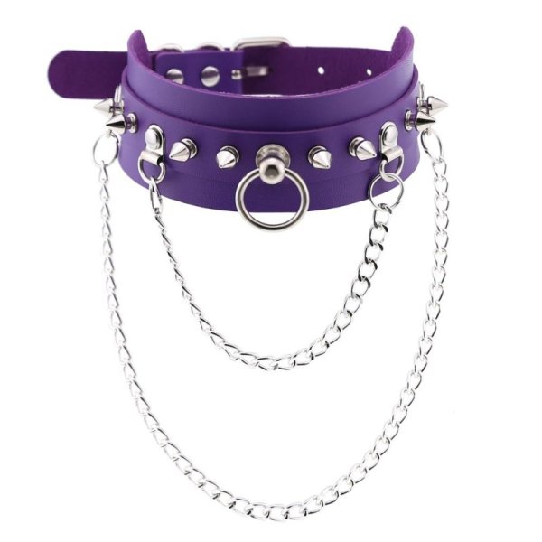 (image for) PU Leather Silver Nail Collar With Chain