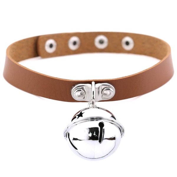 (image for) Leather Silver Bell Pendant Collar