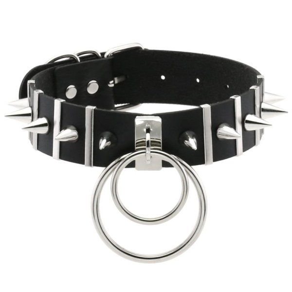 (image for) Spiked Rivet Double Ring Pendant Collar