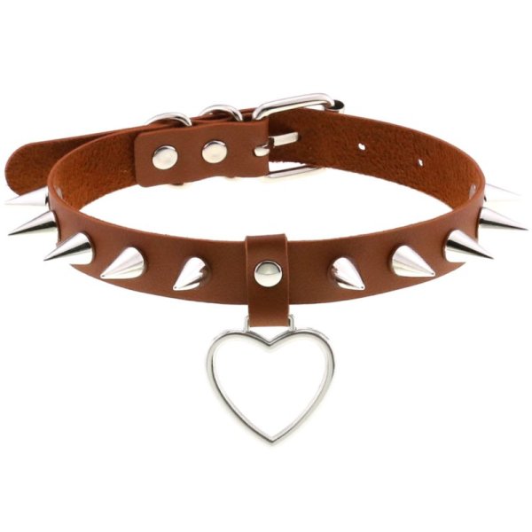 (image for) Spike Studded Heart Pendant Leather Collar