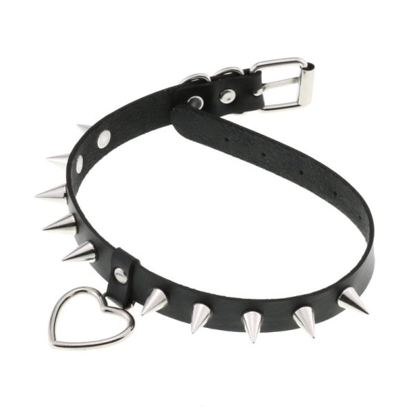 (image for) Spike Studded Heart Pendant Leather Collar