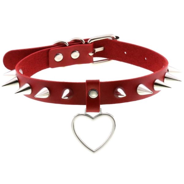 (image for) Spike Studded Heart Pendant Leather Collar