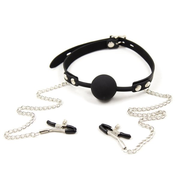 (image for) Premium Hush Locking Silicone Ball Gag With Nipple Clamps