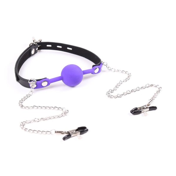 (image for) Premium Hush Locking Silicone Ball Gag With Nipple Clamps