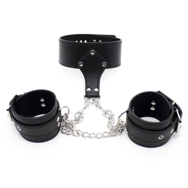 (image for) Leather Lockable Neck Collar With Handcuffs
