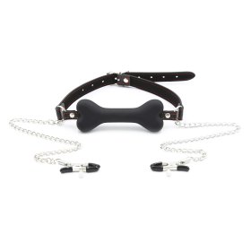Dog Bone Soft Rubber Open Mouth Gag With Nipple Clamp