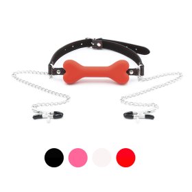 Dog Bone Soft Rubber Open Mouth Gag With Nipple Clamp
