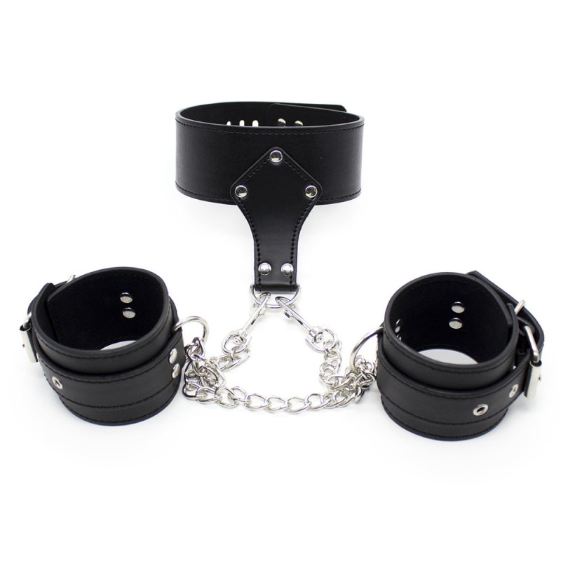 (image for) Leather Lockable Neck Collar With Handcuffs