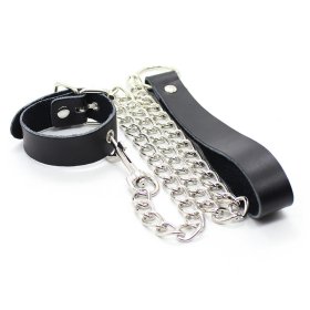 Buckling Cock Ring And Chain Leash Set - Real Leather