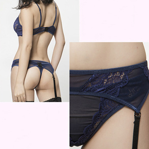 (image for) Pure Color Bowknot Mesh & Lace Underwear Suit With Garter Belt