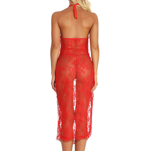 (image for) Alluring Red Halter See-through Lace Long Dress