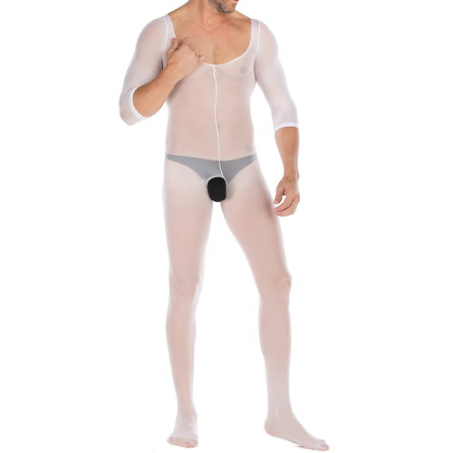 (image for) Pure White Crotchless Low Cut Jampsuit Teddy For Men