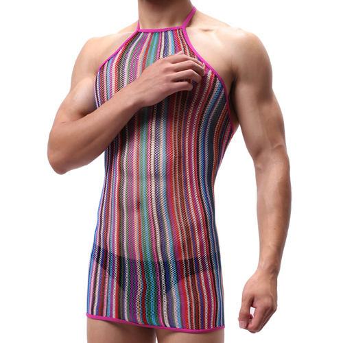 (image for) Men Haltered Colorful Striped Mesh Dress