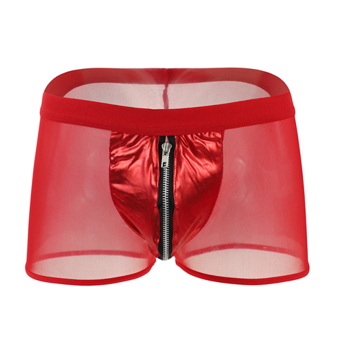 (image for) Strong Men Mesh Spliced With Faux Leanther Zipper Boxer Briefs