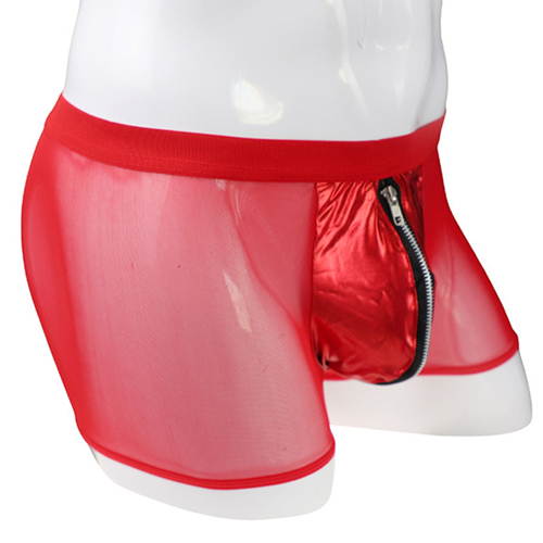 (image for) Strong Men Mesh Spliced With Faux Leanther Zipper Boxer Briefs