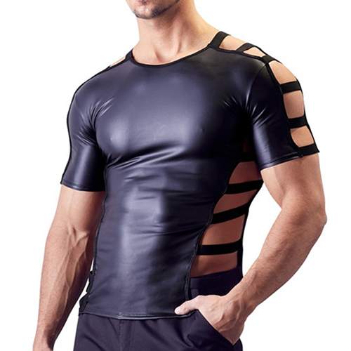 (image for) Men Hot Patent Leather Hollowed-out T-shirt