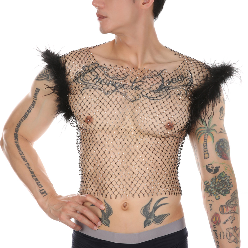 (image for) Hot Men Feather Rhinestone Fishnet Vest Nightwear