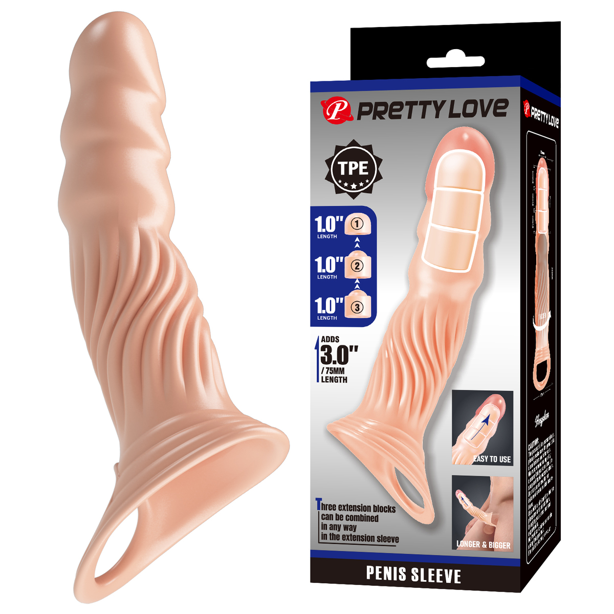 9.5" Flesh Penis Sleeve With 3pcs Extension Blockes